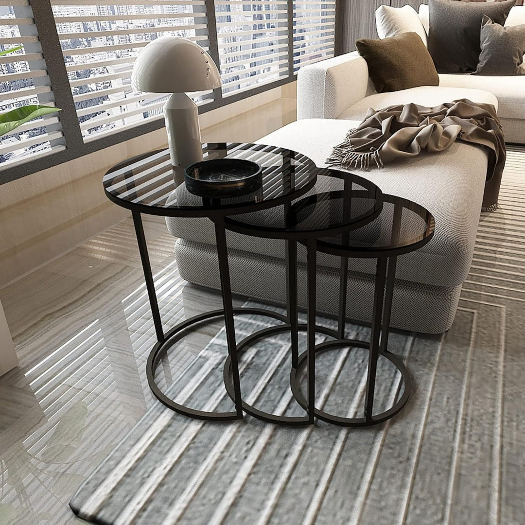 Table gigogne gris avec plateau en verre trempe pour piece a vivre