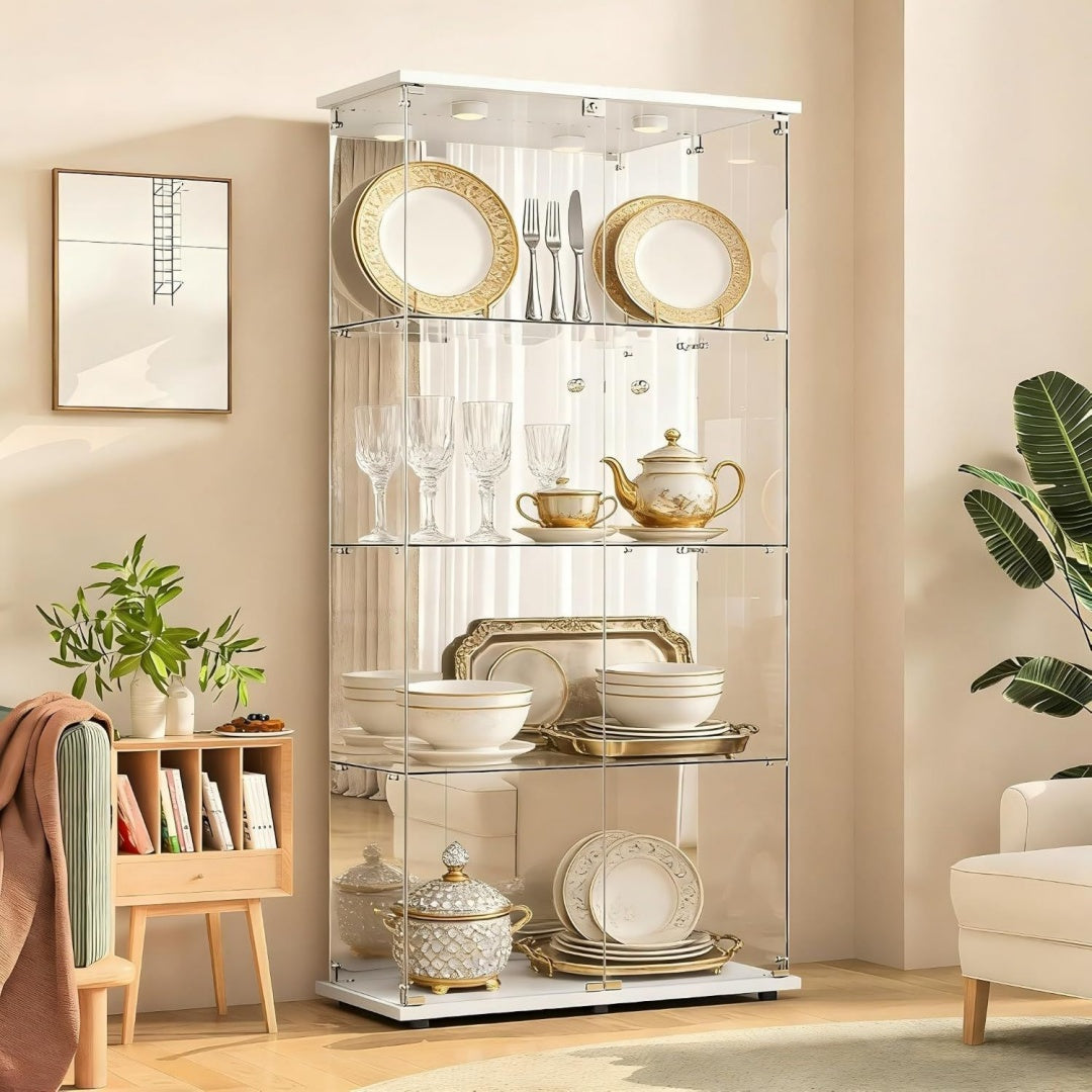 Vitrine en verre, beige quatre etageres, style epure