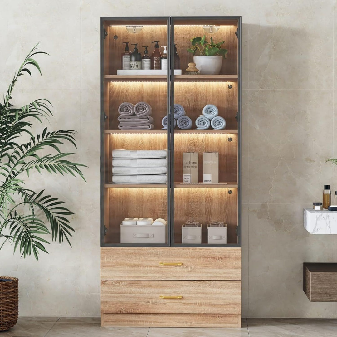 Vitrine design moderne gris avec plateau en verre trempe