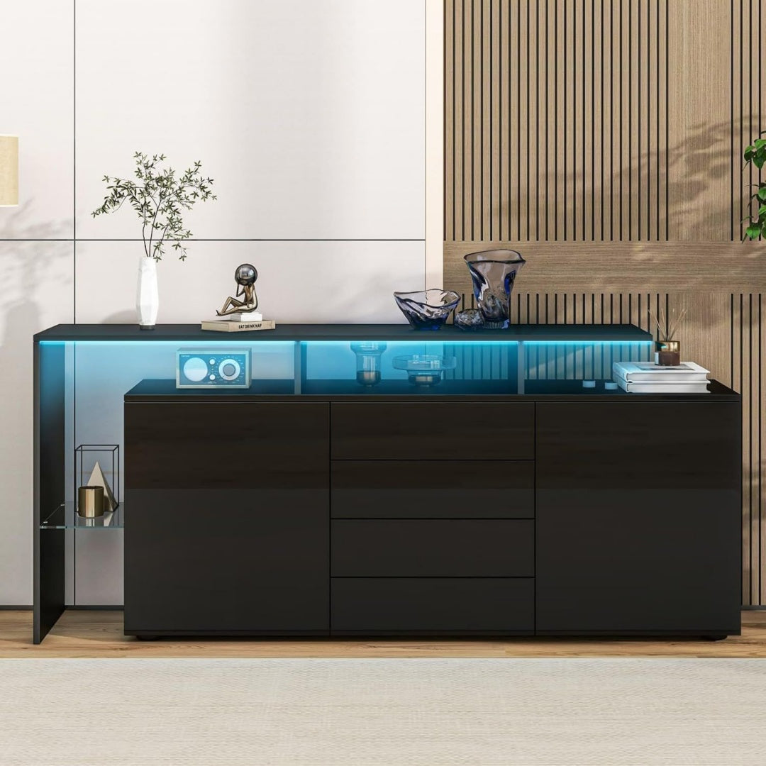 Commode en bois 4 tiroirs et 2 portes gris avec eclairage LED