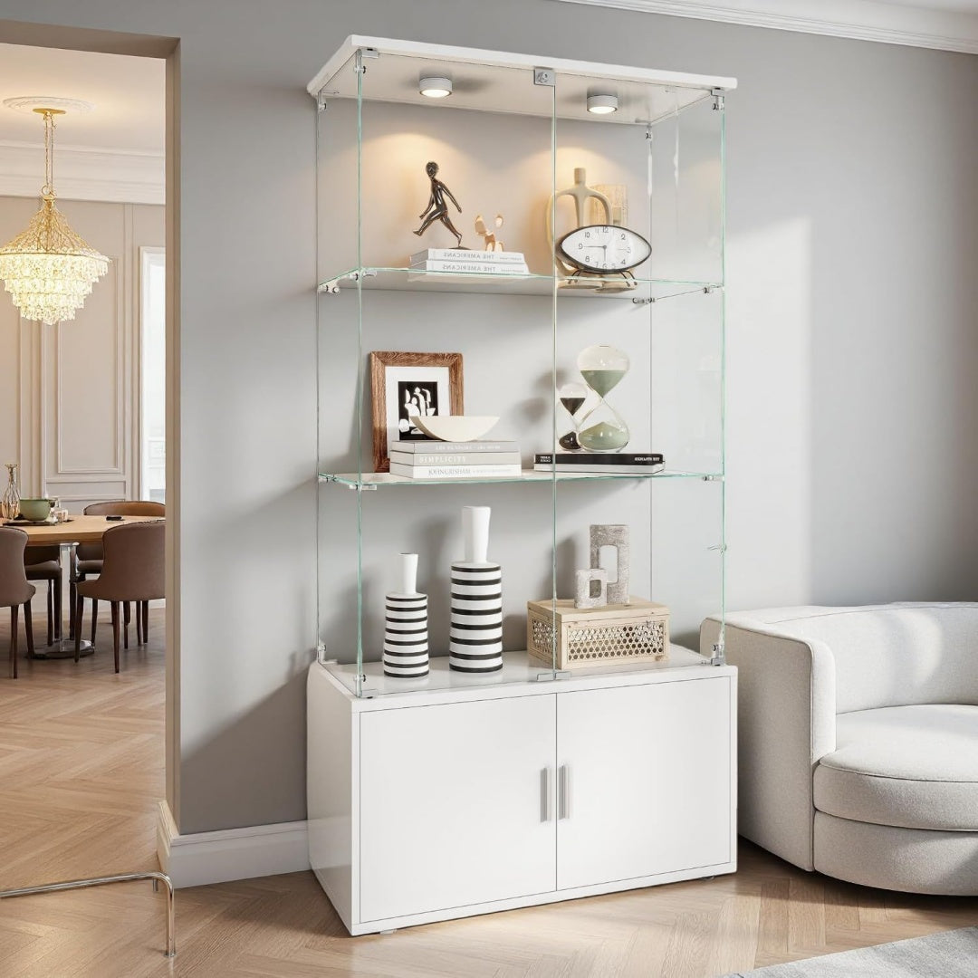 Vitrine en verre trempe, gris clair, contemporain (35 x 78 x 164 cm)