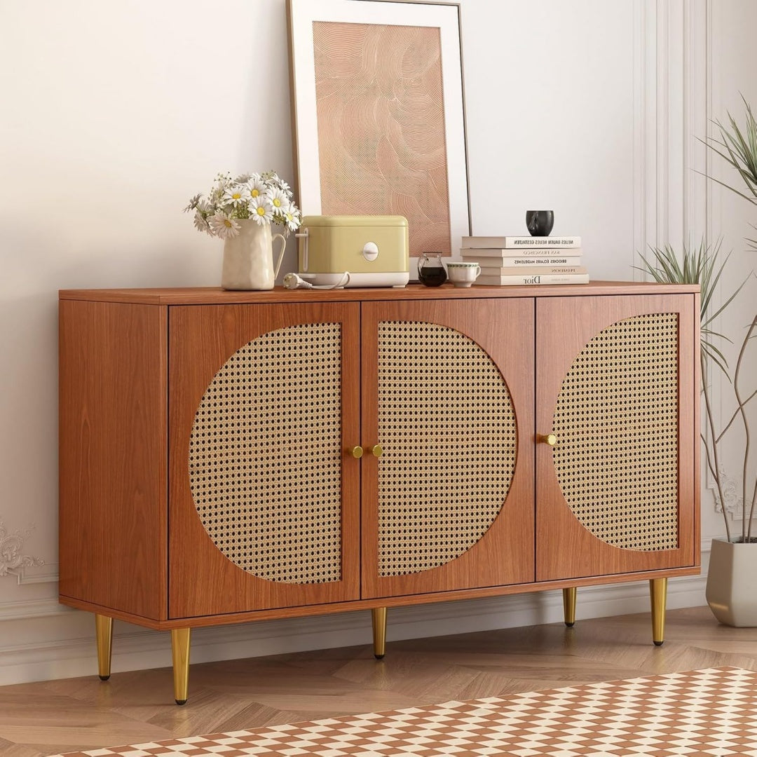 Buffet en noyer et metal avec des portes en rotin tresse