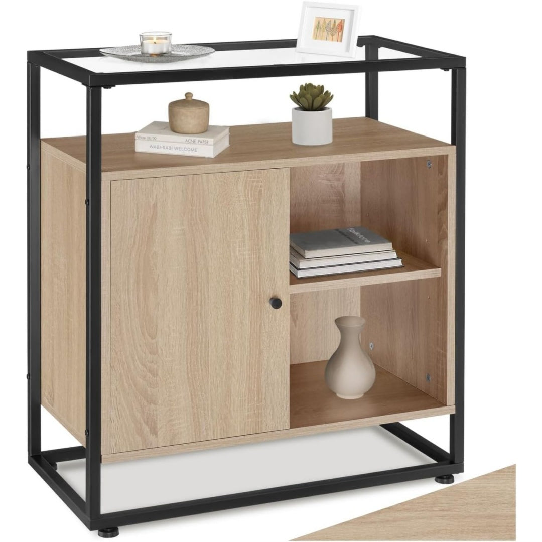 Commode beige 3 etageres reglables, bois ingenierie et style industriel