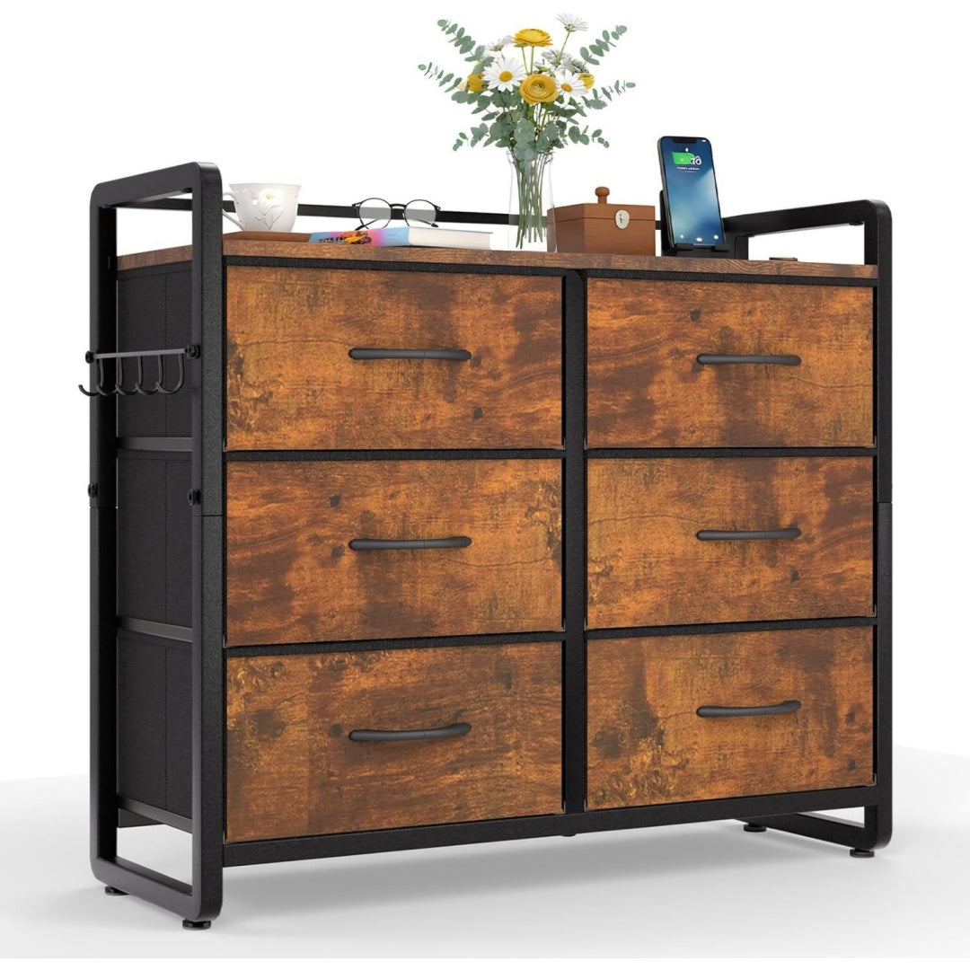 Ideal salon, commode a tiroirs marron en bois 6 tiroirs