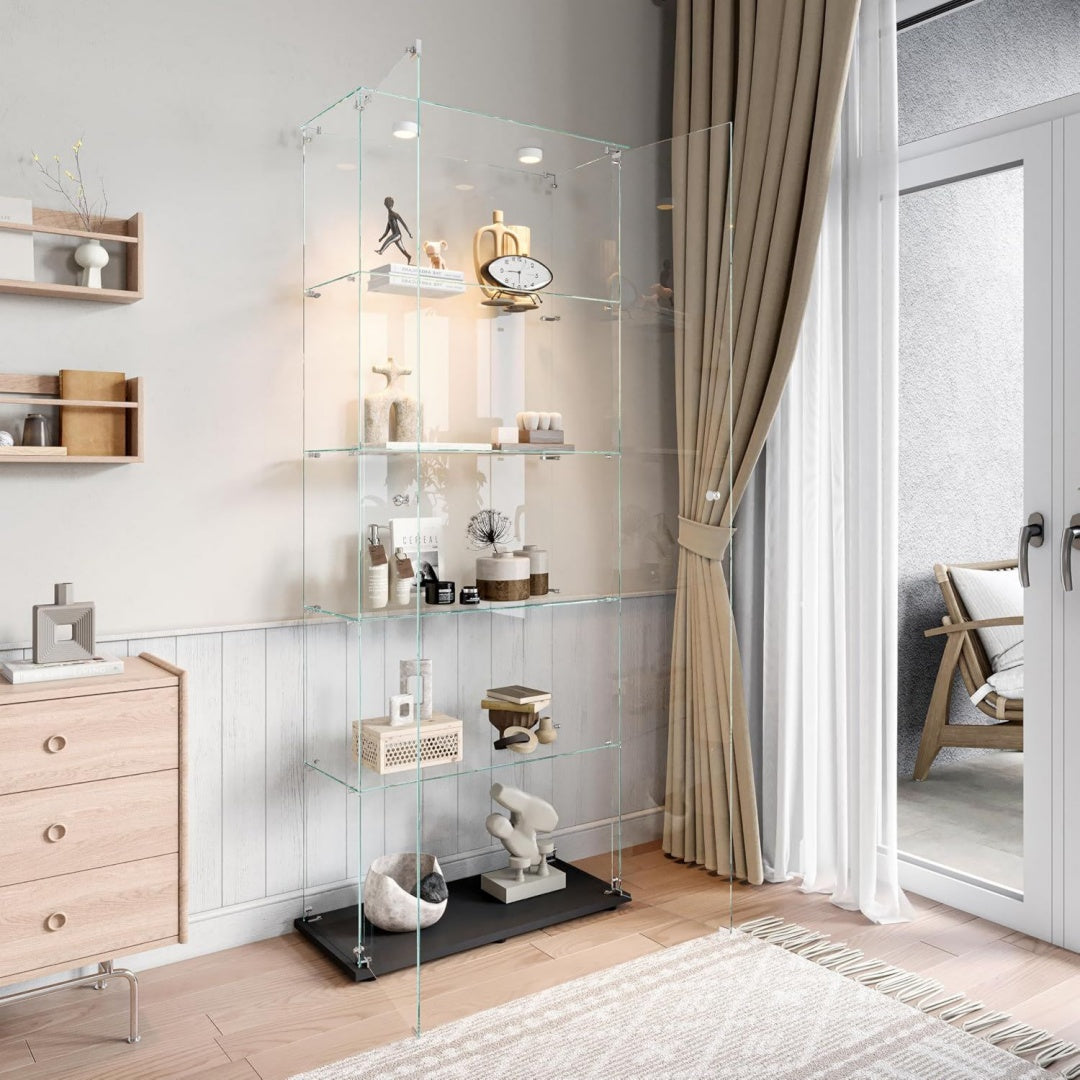 Chaleureux, armoire vitree gris clair en bois eclairage LED
